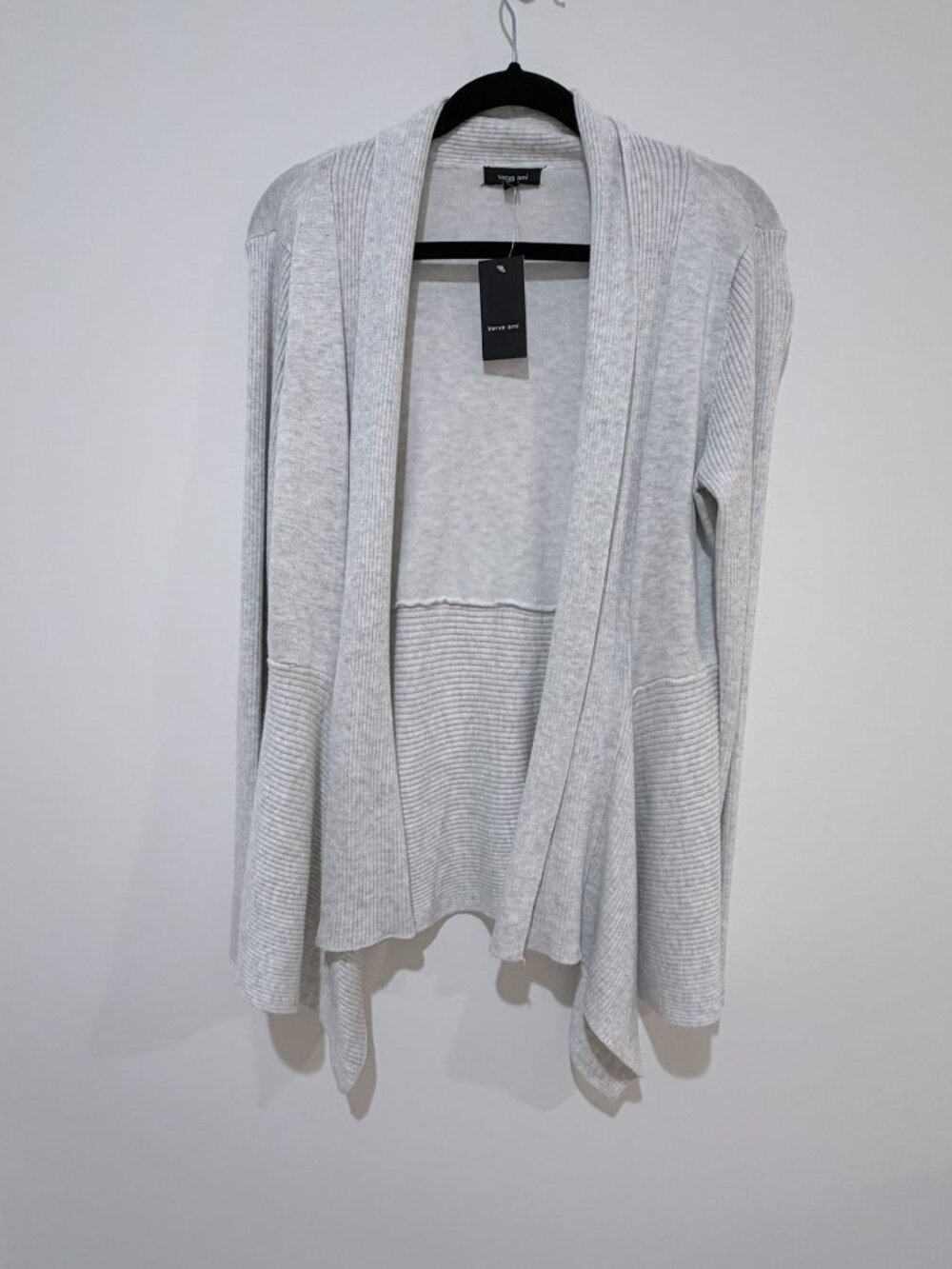 NWT Verve Ami ight Heather Gray Open-Front Ribbed Draped Cardigan Sweater